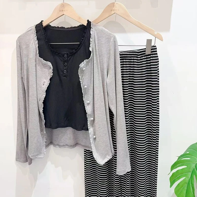 宽松长裤长袖女透气睡衣皮筋夏季显瘦春秋吊带外套长裤三件套家居