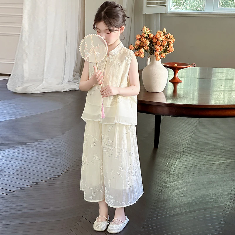 女童套装夏装2025新款儿童洋气国风背心小女孩夏季阔腿裤两件套