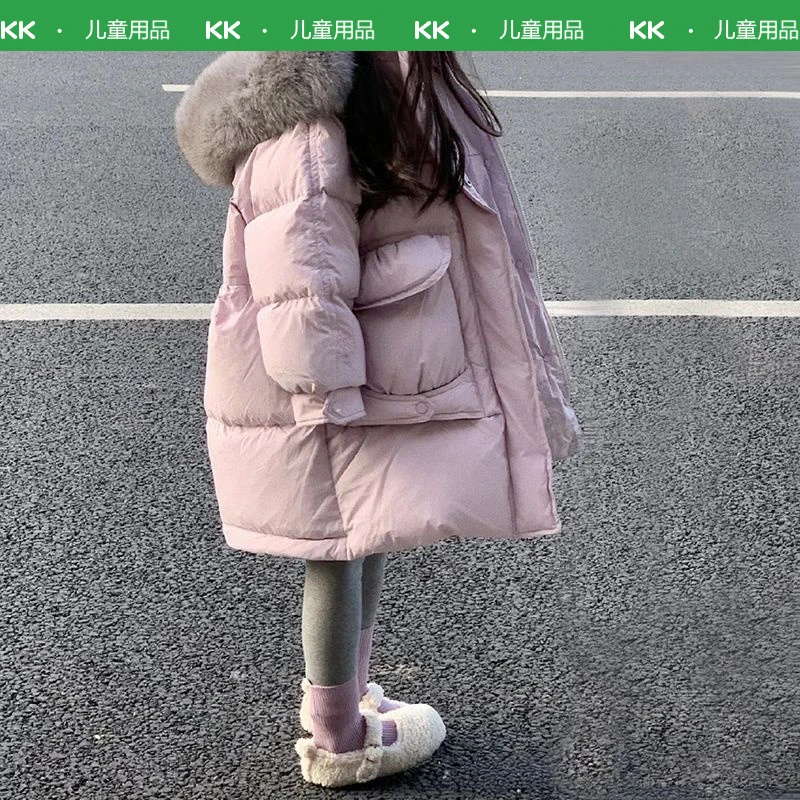 KK树【断码】女童洋气大毛领连帽加厚棉服儿童中长款棉衣2025新款加