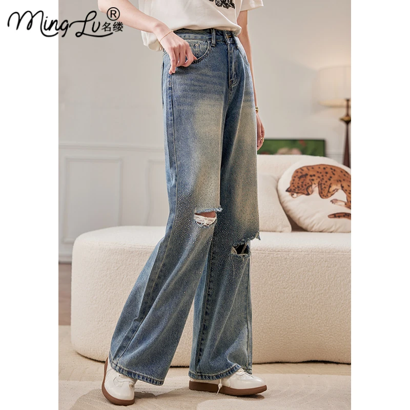 高级感烫钻破洞直筒牛仔裤女2025夏季宽松阔腿百搭显瘦高腰休闲裤