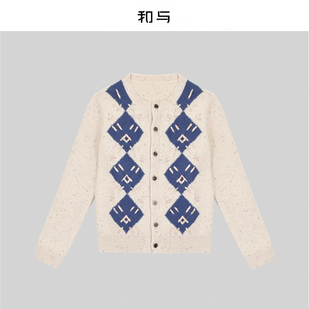 和与｜复古撞色菱格纯山羊绒长袖毛衣H53DYY362H