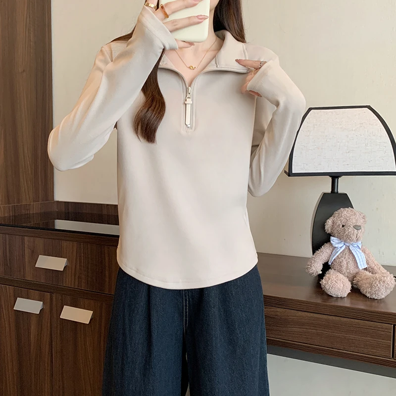 2025春季新款胖mm大码女加厚半拉链polo领打底长袖T恤