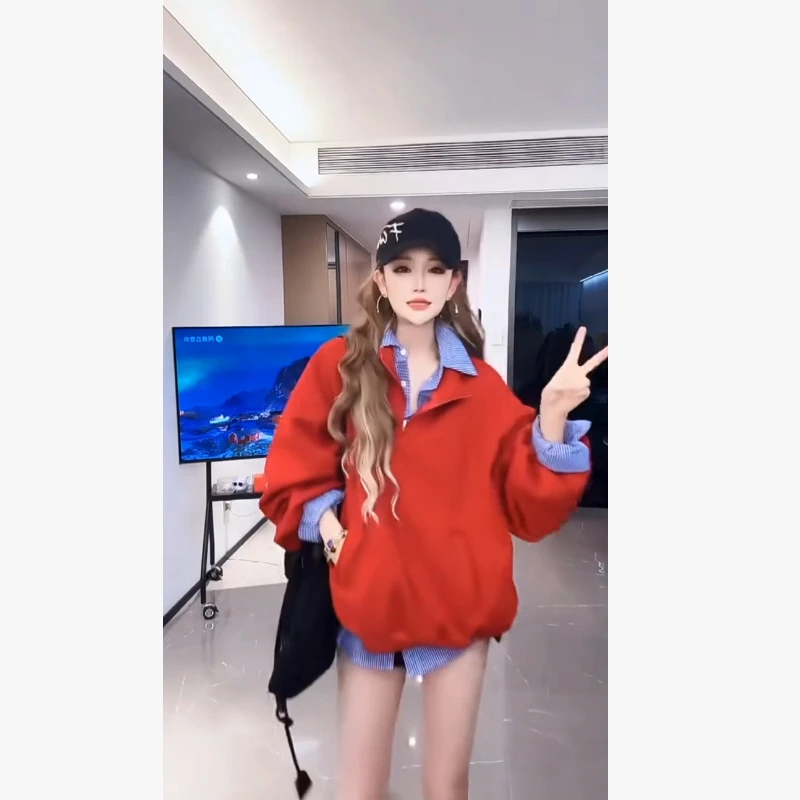 2025秋冬新款复古红套头款立领叠穿通勤针织卫衣百搭衬衫两件套