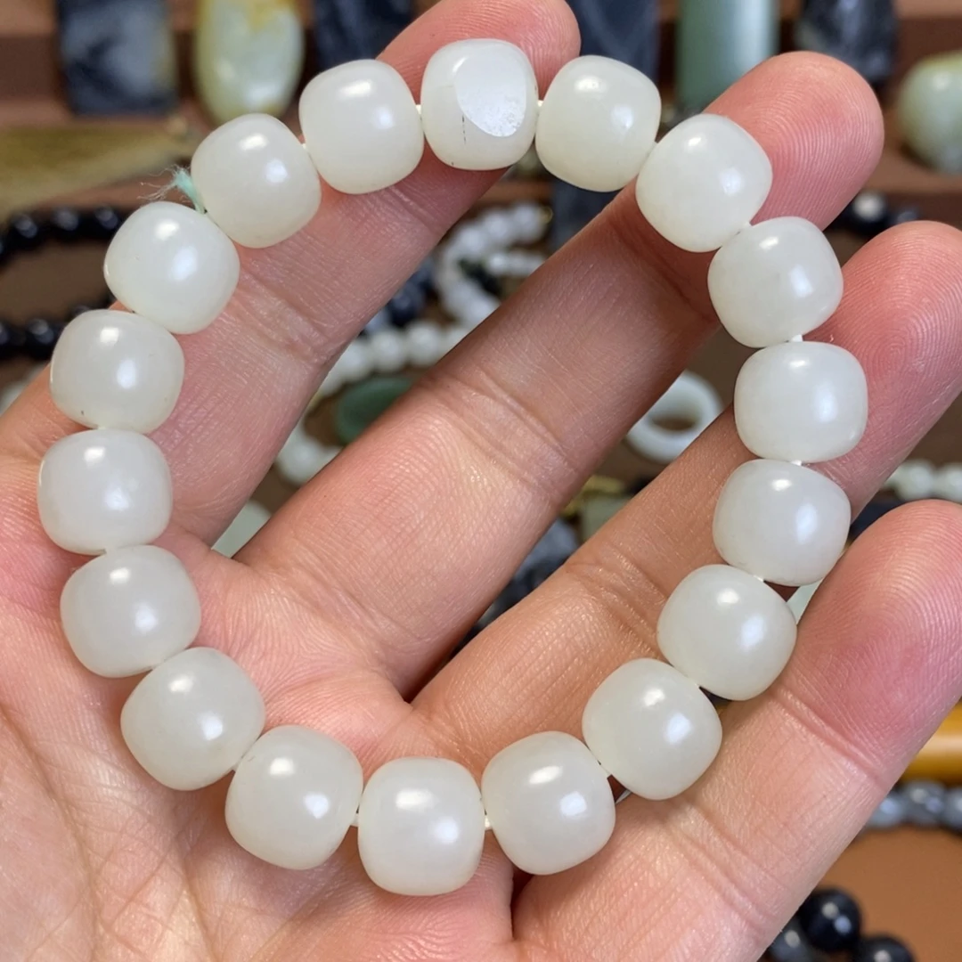 和田玉未镶嵌手串新疆和田玉带皮毛孔11×12子料老型珠手串
