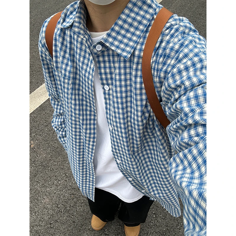 蓝色格子衬衫外套男女款早春宽松慵懒风气质上衣长袖叠穿休闲衬衣