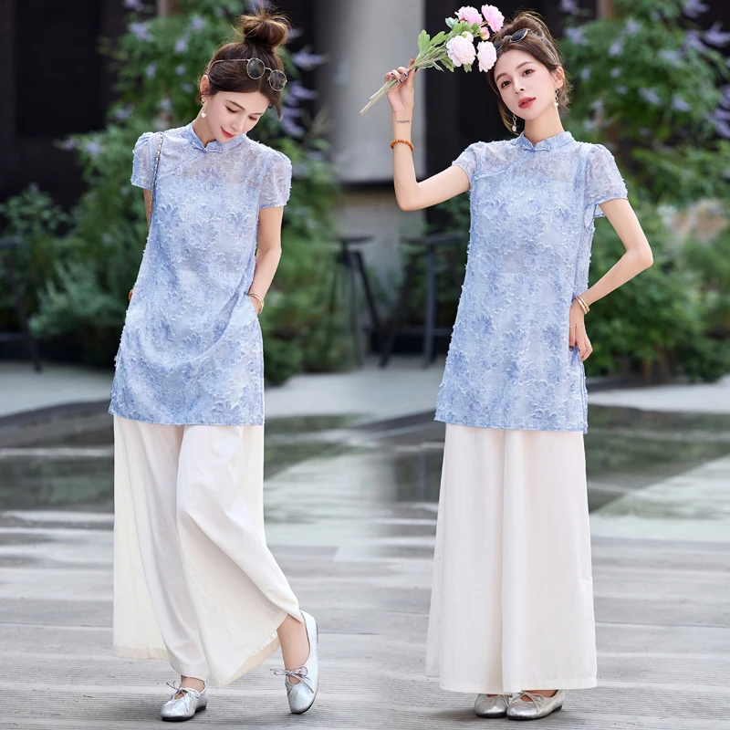 新中式国风高端提花套装女2025夏季洋气显瘦气质减龄阔腿裤两件套