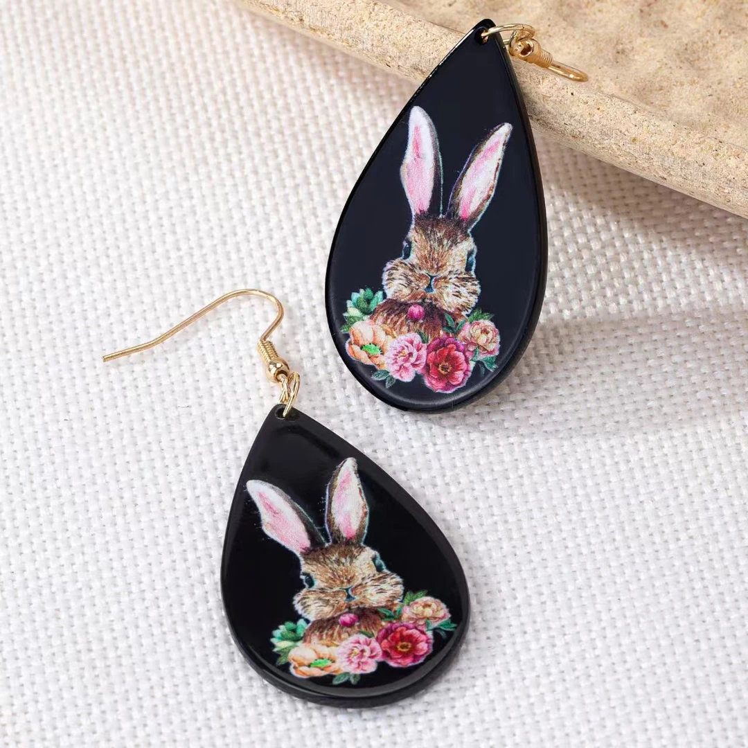合金亚克力耳饰 新款水滴型耳环女小众时尚可爱兔子印花耳钉耳饰