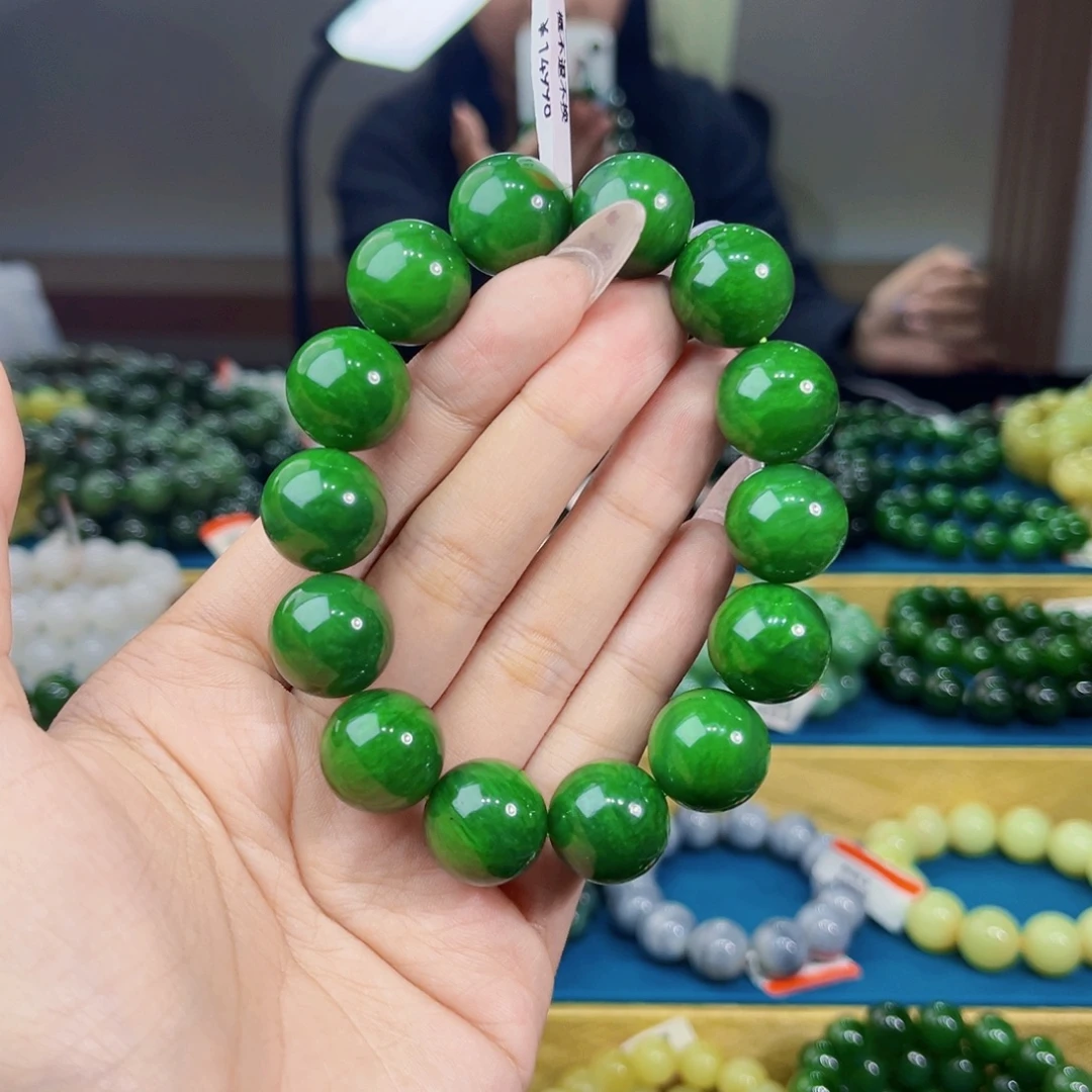 用***5和田玉未镶嵌手链天然和田玉俄碧辣阳绿手串16