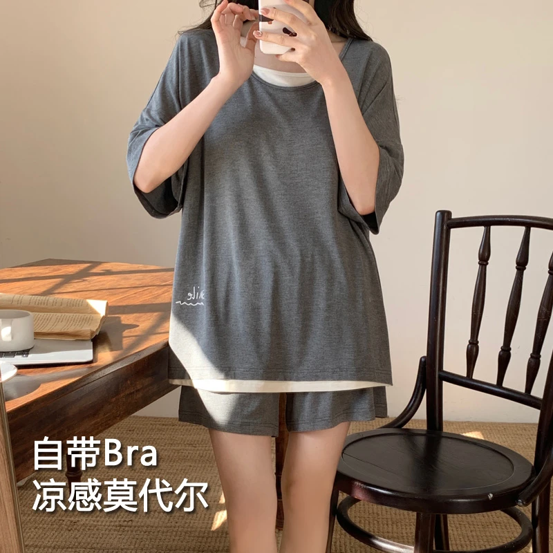 莫代尔睡衣女款爆款2025新款城市运动风假两件冰丝凉感家居带胸垫