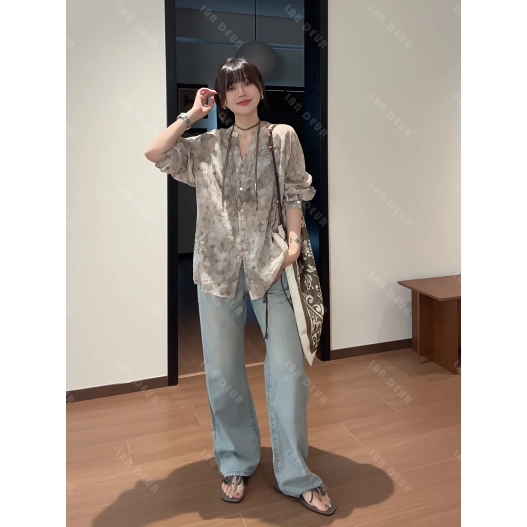 JIUJIU【冰川寄蝶】100%苎麻中长款满印印花新中式薄款防晒衬衫