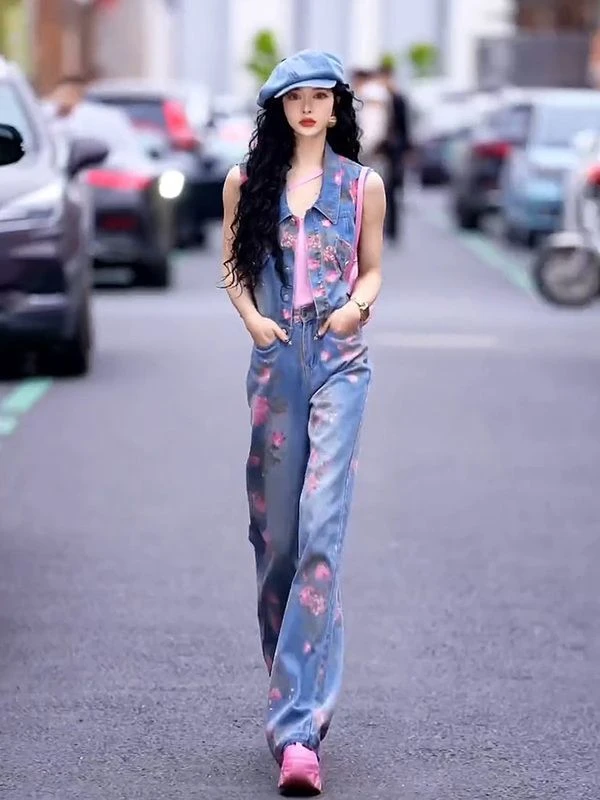 夏季高级感小香风印花无袖牛仔外套女高腰直筒裤阔腿长裤两件套装