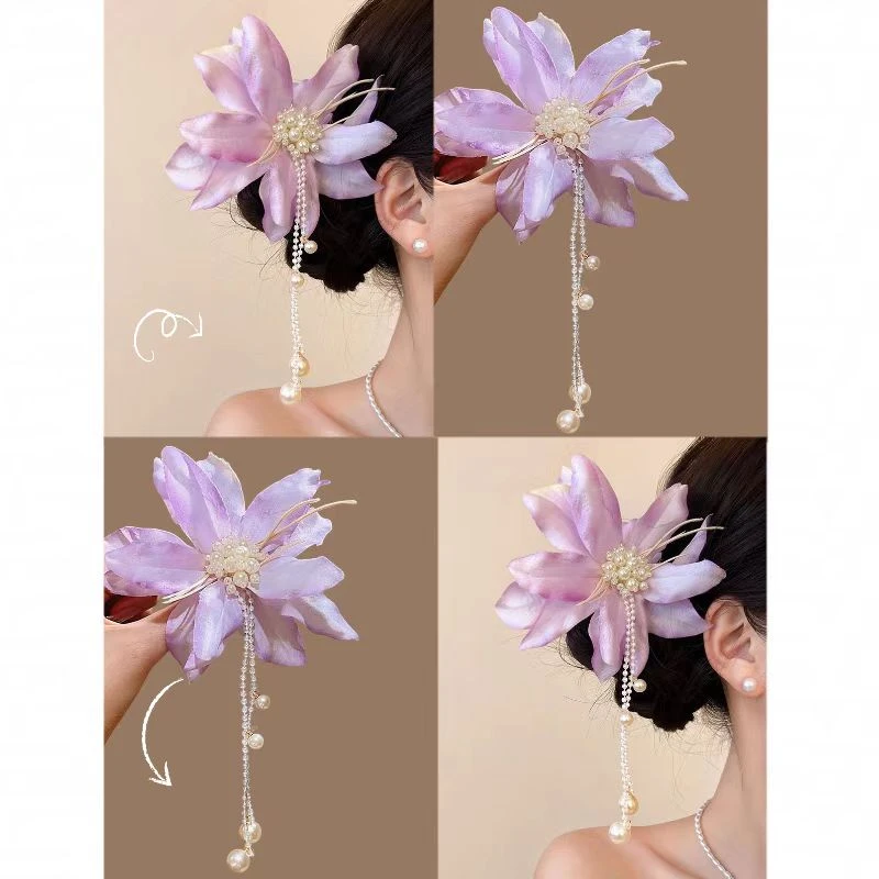 丁香粉紫花朵珍珠流苏发夹春夏氛围感侧边马尾夹甜美百搭盘发器