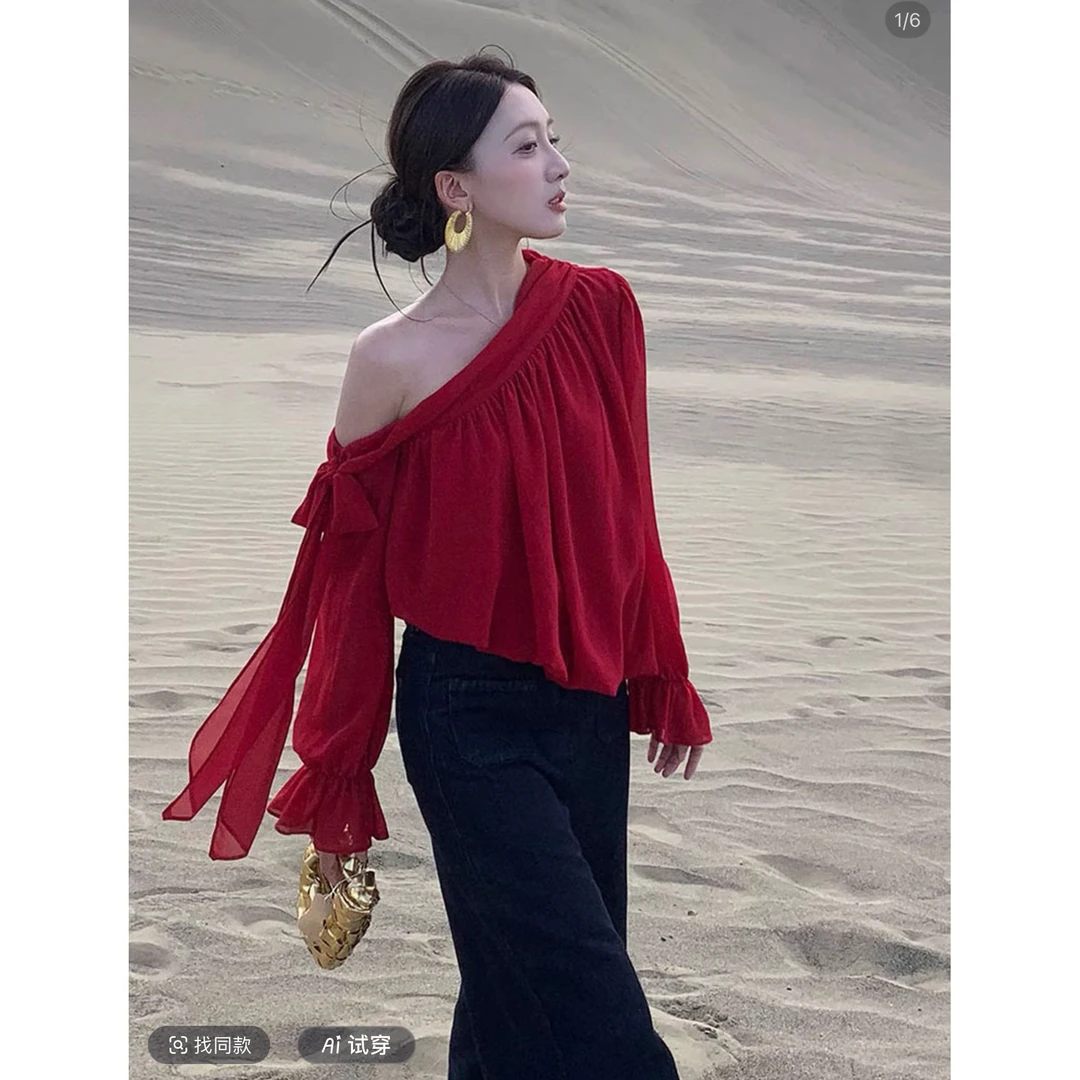 法式小资上衣女2025秋时尚时髦洋气高级感超好看别致漂亮红色衬衫