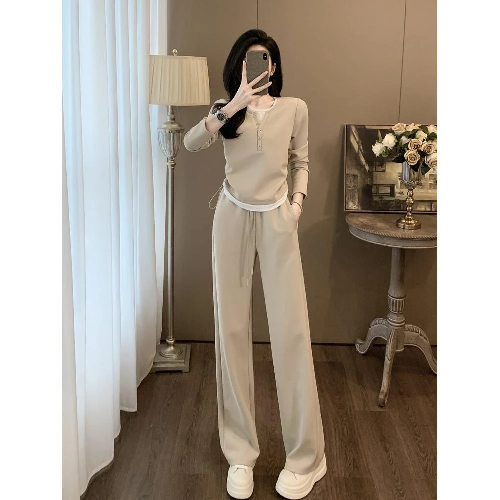 法芬图韩版休闲运动套装女秋洋气显瘦长袖圆领卫衣阔腿裤假两件套