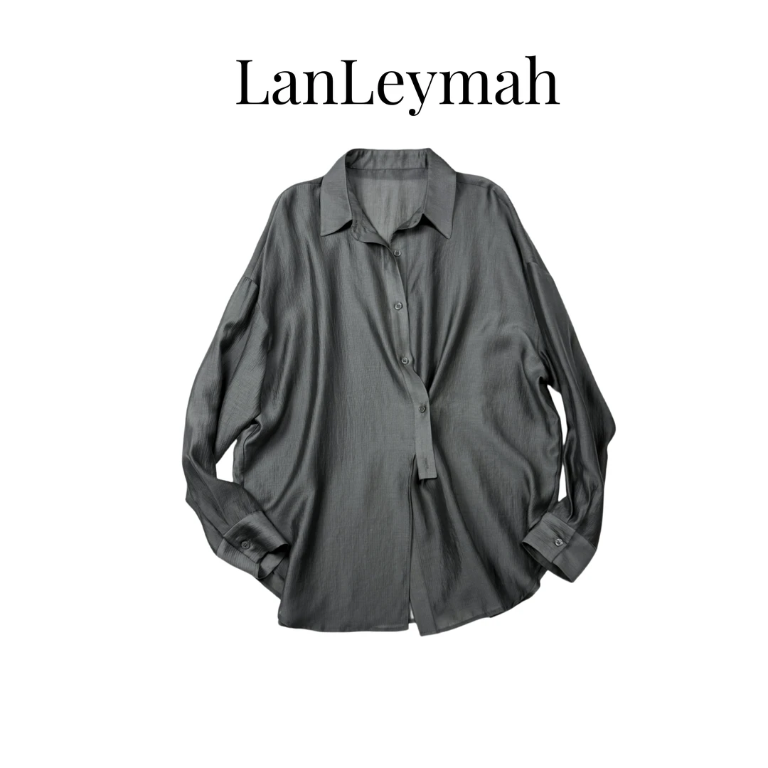 LanLeymah【搭扣衬衫】宽松大码衬衣夏季防晒长袖中长款慵懒老钱风