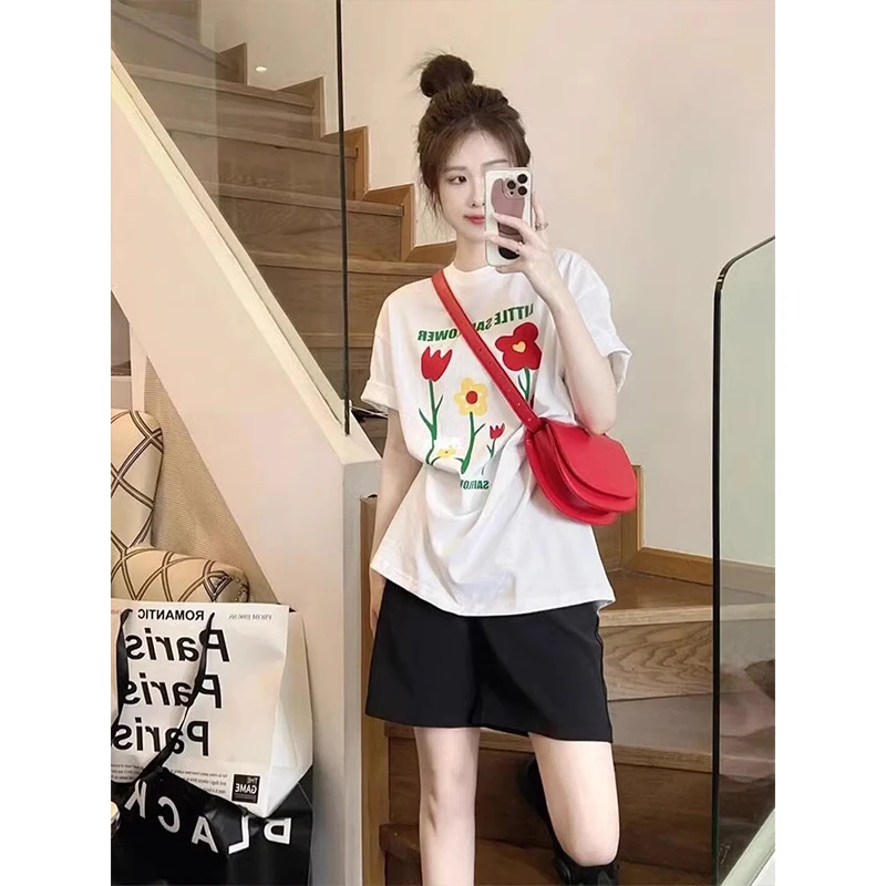 白色正肩短袖T恤女2025新款爆款夏季减龄印花纯棉半袖体恤上衣潮