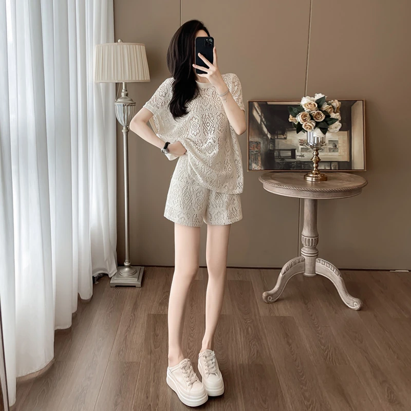 减龄穿搭一整套蕾丝短袖短裤休闲套装女夏新款宽松洋气运动两件套