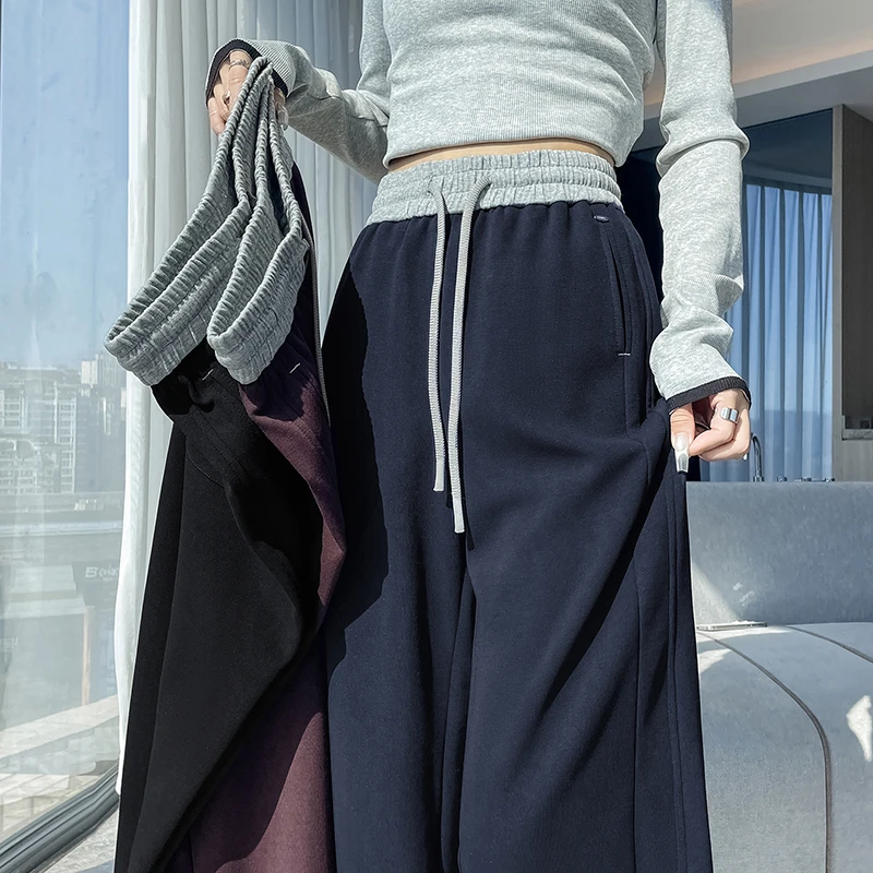 藏蓝色运动裤女春秋2025新款高腰显瘦垂感宽松撞色休闲阔腿卫裤子
