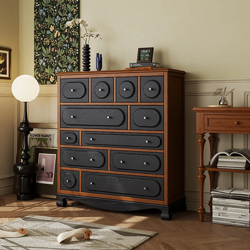 美式实木斗柜储物柜储物柜中古斗柜收纳柜复古黑色木色多抽屉柜子