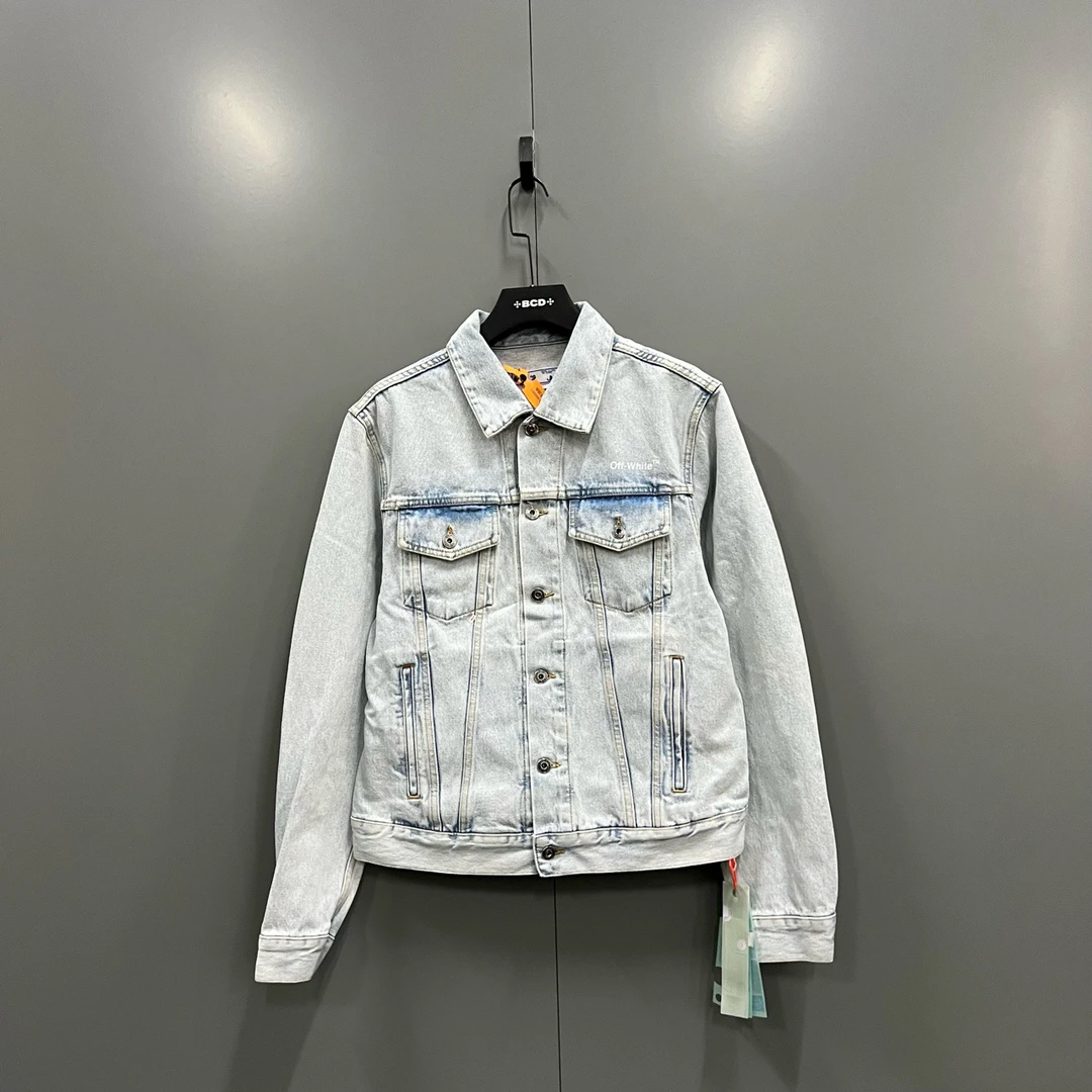 95新 OFF-WHITE （bb）203 水洗做旧警戒线牛仔外套 M码/吊牌/瑕疵