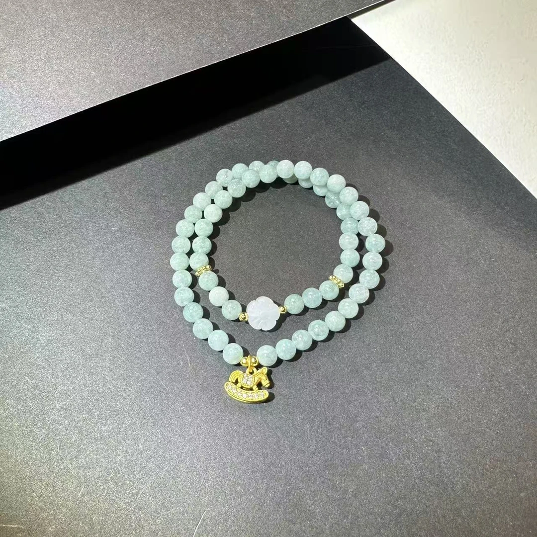 DL-1332-石英质玉-淡浅绿石英制玉带金色小马吊坠配饰