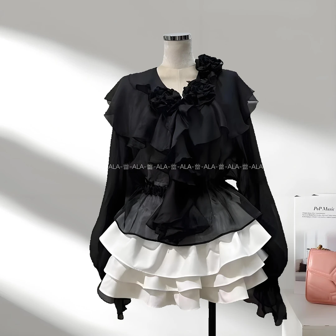 潮牌高端法式洋气立体朵木耳花边单排扣衬衫花边领衬衣小众女装