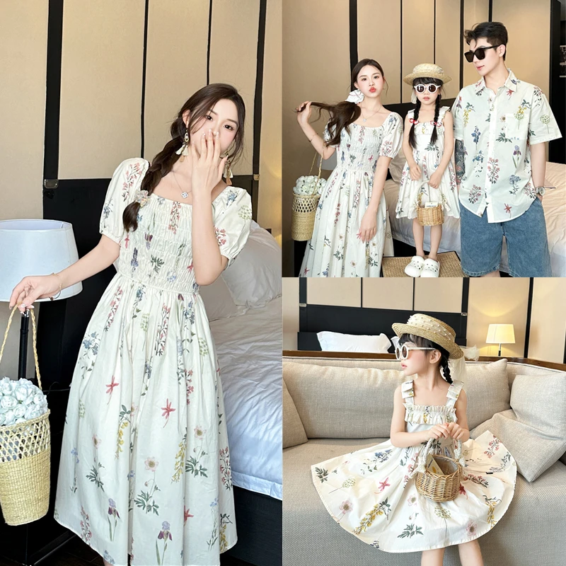 2025花朵度假风夏季新款一家三口亲子装度假风夏装碎花裙8816