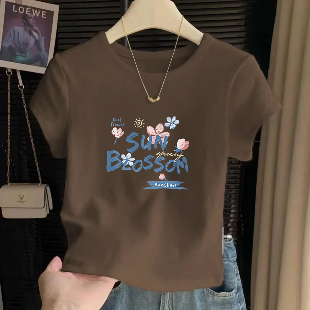 100%纯棉短袖t恤女印花夏季新款宽松显瘦百搭圆领短款洋气上衣潮