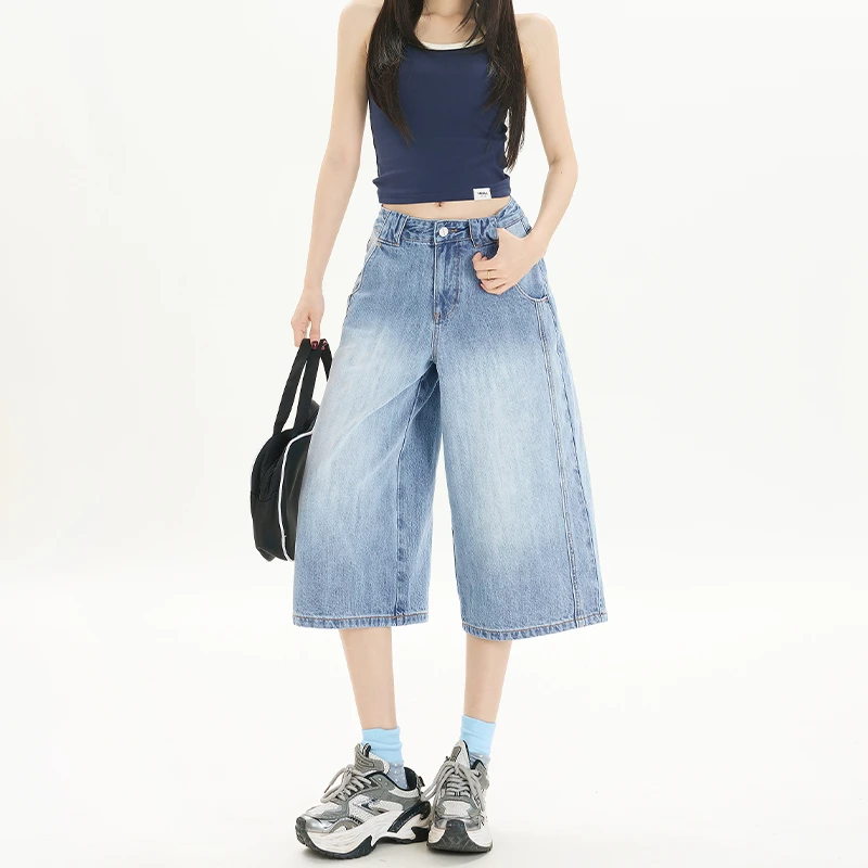 REDR夏季新款复古高腰宽松阔腿短裤百搭垂感直筒七分裤牛仔裤女