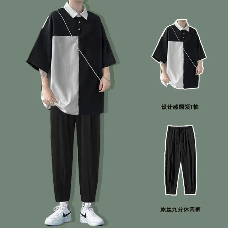 夏季冰丝运动套装男ins潮牌痞帅宽松polo领短袖t恤九分裤一套衣服