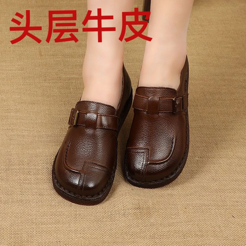 手工真皮单鞋女超软圆头平底全牛皮25年春季牛筋软底舒适妈妈皮鞋