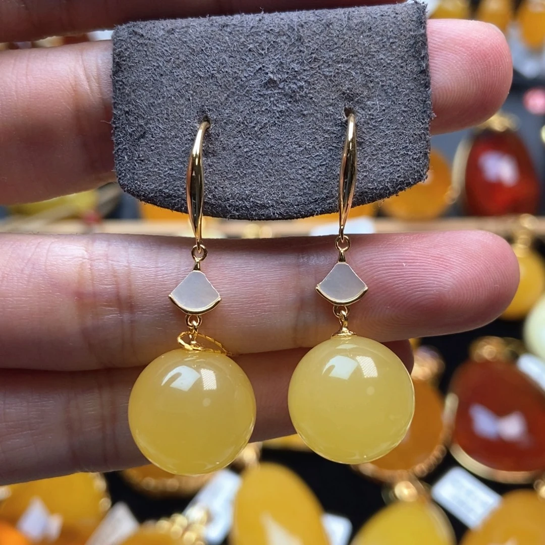 银S925镀金镶嵌琥珀耳饰