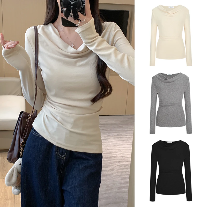Moses Queen/魔西女王灰色长袖荡荡领打底衫修身显瘦T恤别致上衣