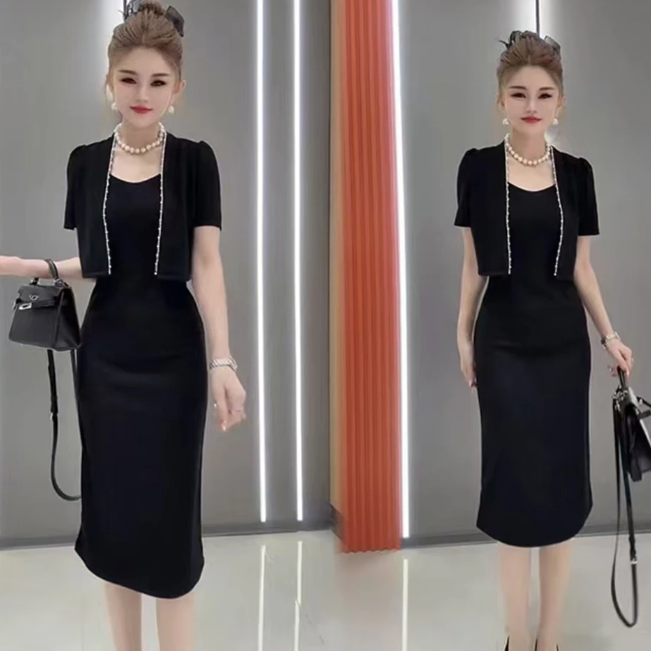 8052-2025年春夏新款时尚显瘦气质名媛风上衣+连衣裙两件套