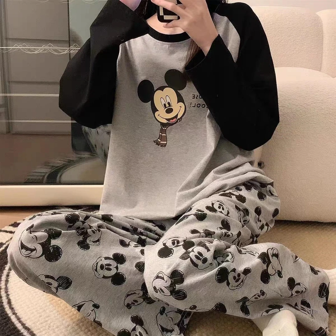 睡衣女长袖薄款宽松夏天卡通少女春秋季休闲大码新款家居服套装T
