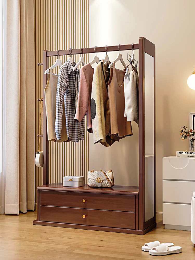 实心实木落地衣帽架全身镜卧室家用储物入户玄关收纳置物架衣帽架