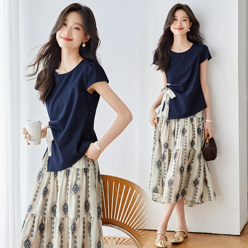 设计感不规则上衣印花半身裙套装女2025夏季气质高级感两件套A688