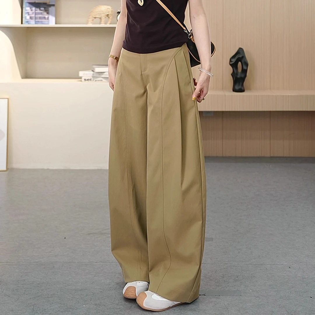 卡其色弯刀阔腿裤女高级感垂感2025新款春秋季高腰显瘦休闲裤