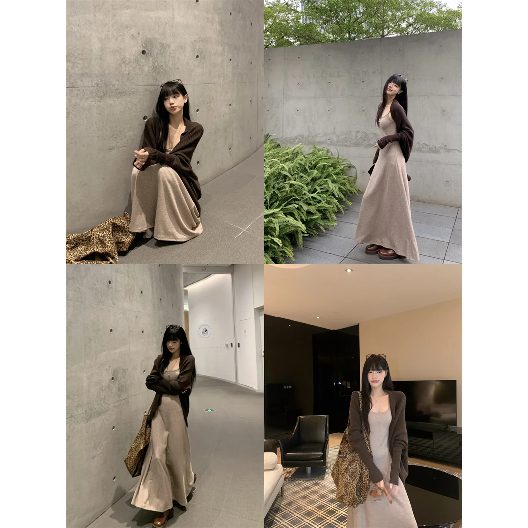 2025韩系早秋穿搭套装慵懒风针织毛衣开衫内搭吊带裙连衣裙两件套