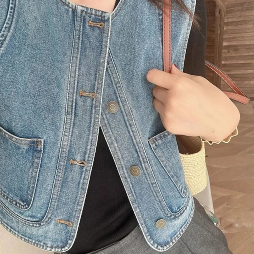 时髦洋气百搭叠穿牛仔马甲女春夏宽松短款小个子无袖外套休闲上衣