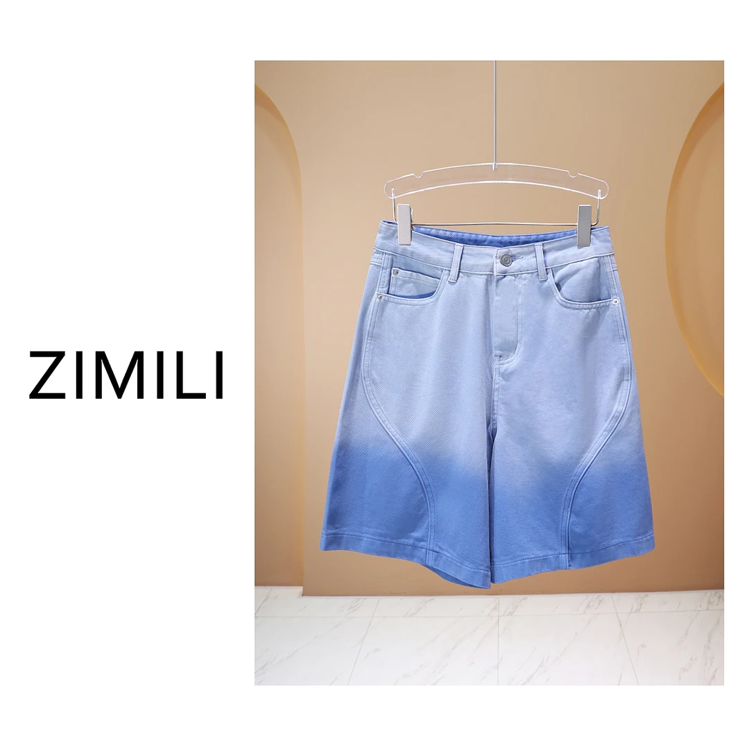 【亮哥女装】2025欧版《淡雅》奶油蓝高克重渐变时尚牛仔短裤7817-Q3