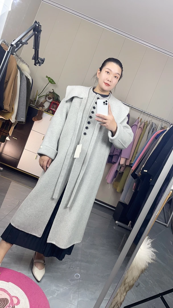 东大门长款POLO领冬季宽松型女双面手工羊毛设计师