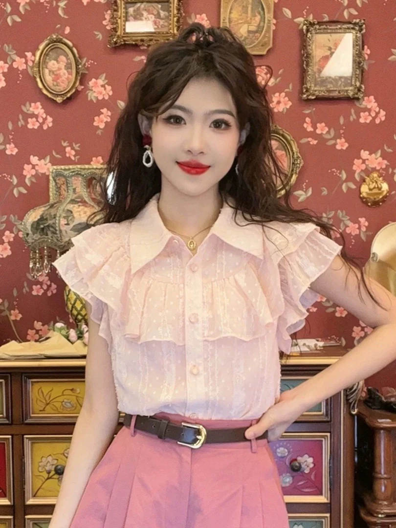 【运费补贴6-8】粉色衬衫女夏款2025新款夏季衬衣小衫小飞袖上衣