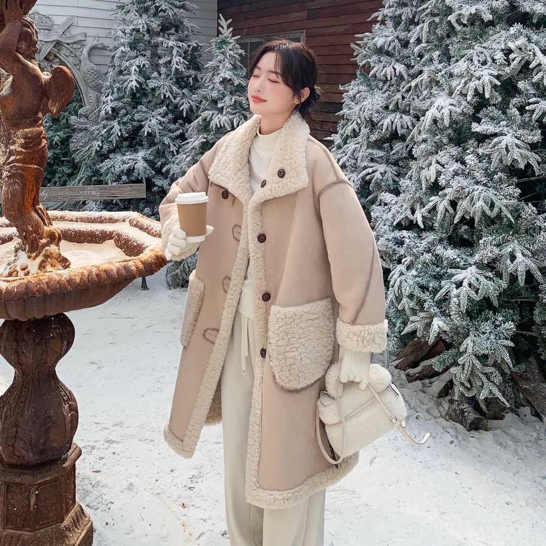 两面穿擦色工艺羊羔毛外套中长款女2025冬新款高级感皮毛一体大衣
