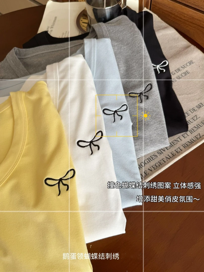 258#鹅蛋领蝴蝶结刺绣T