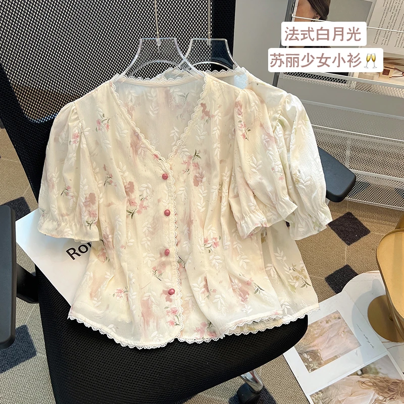 专属夏装微胖MM气质水墨印花浮雕叶子衬衫大码女装收腰显瘦上衣