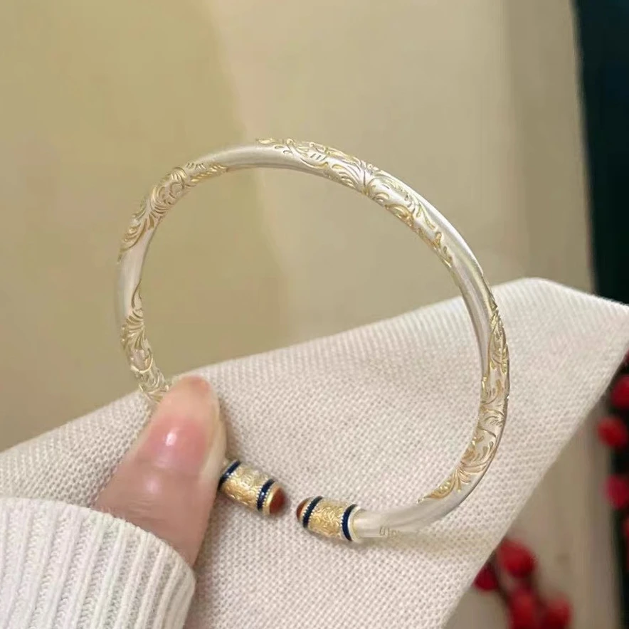 足银手镯 银手镯描金金箍棒实心开口平安喜乐手环