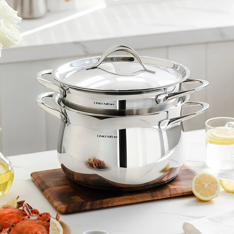 LINKFAIR/凌丰24cm蒸锅两件套304不锈钢加厚电磁炉天然气通用玫瑰