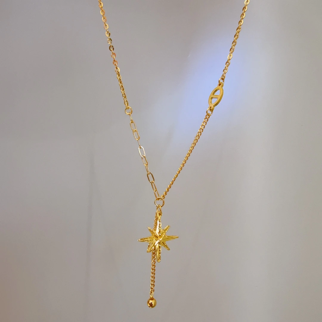 5G工艺足金999猪鼻芒星流苏套链