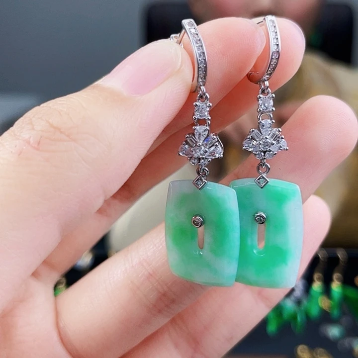 翡翠耳饰银S925镶嵌饰品